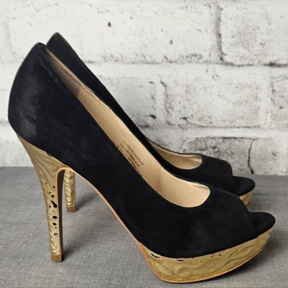 ENZO ANGIOLINI EASULLY BLACK SUEDE GOLD PLATFORM HEEL - Picture 3 of 13